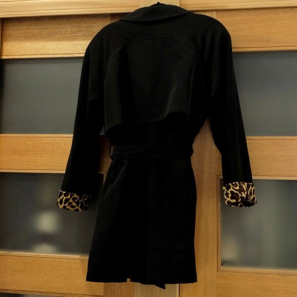 DONNA SALYERS FABULOUS FURS~Black Double Breasted Trench Coat Leopard Faux Fur - Picture 3 of 5